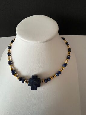 Lapis Lazuli Cross Necklace with Gold Accent Beads - Deep Blue